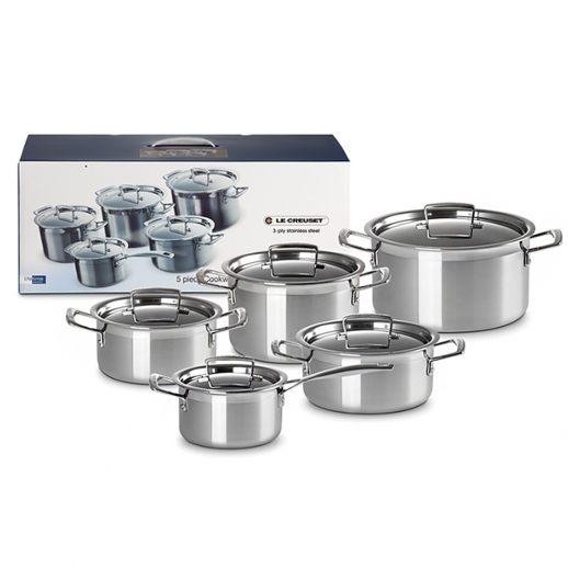 Le Creuset Batteria 5 Casseruole in acciaio: 3 casseruole alte con coperchio 18, 20, 24cm, pentola con coperchio 20cm, casseruola manico lungo 16cm LE CREUSET_96209400001000